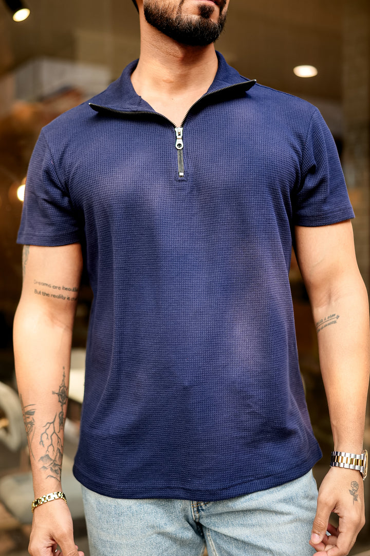 Navy Waffle Zipper T-Shirt
