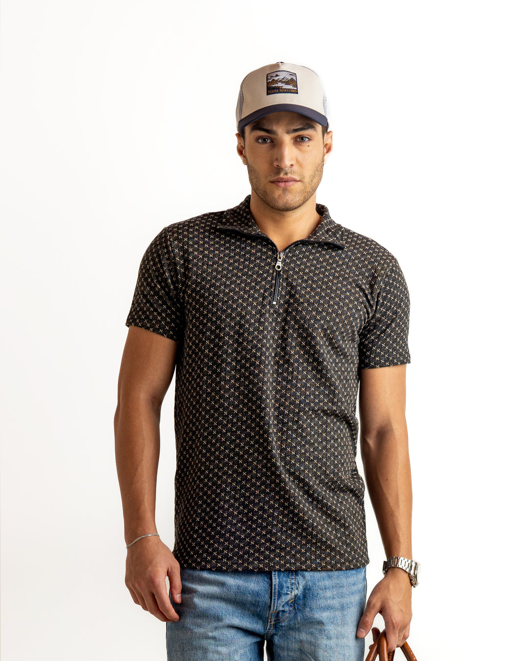 Black Half Sleeve Self Design Cotton Zipper T-Shirt