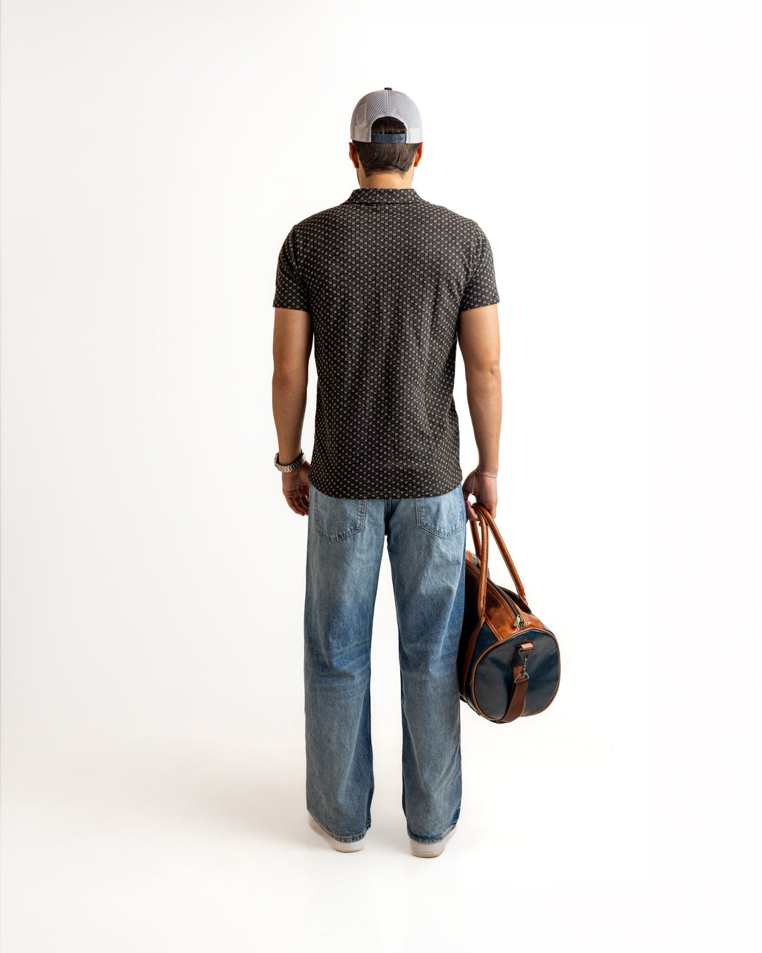 Black Half Sleeve Self Design Cotton Zipper T-Shirt