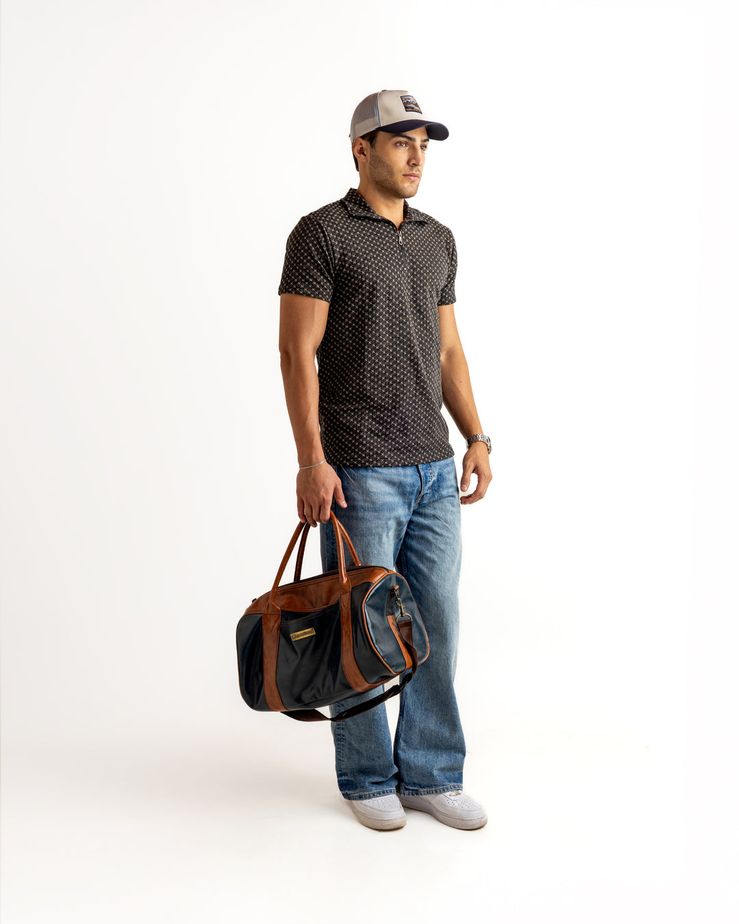 Black Half Sleeve Self Design Cotton Zipper T-Shirt