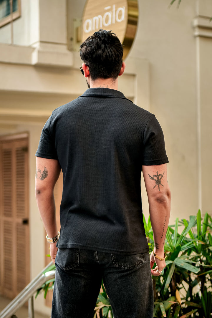 Black Waffle Half Sleeves Zipper T-Shirt