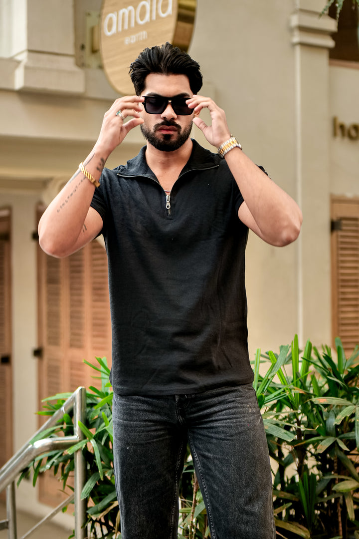 Black Waffle Half Sleeves Zipper T-Shirt
