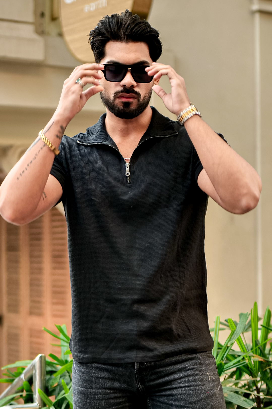 Black Waffle Half Sleeves Zipper T-Shirt