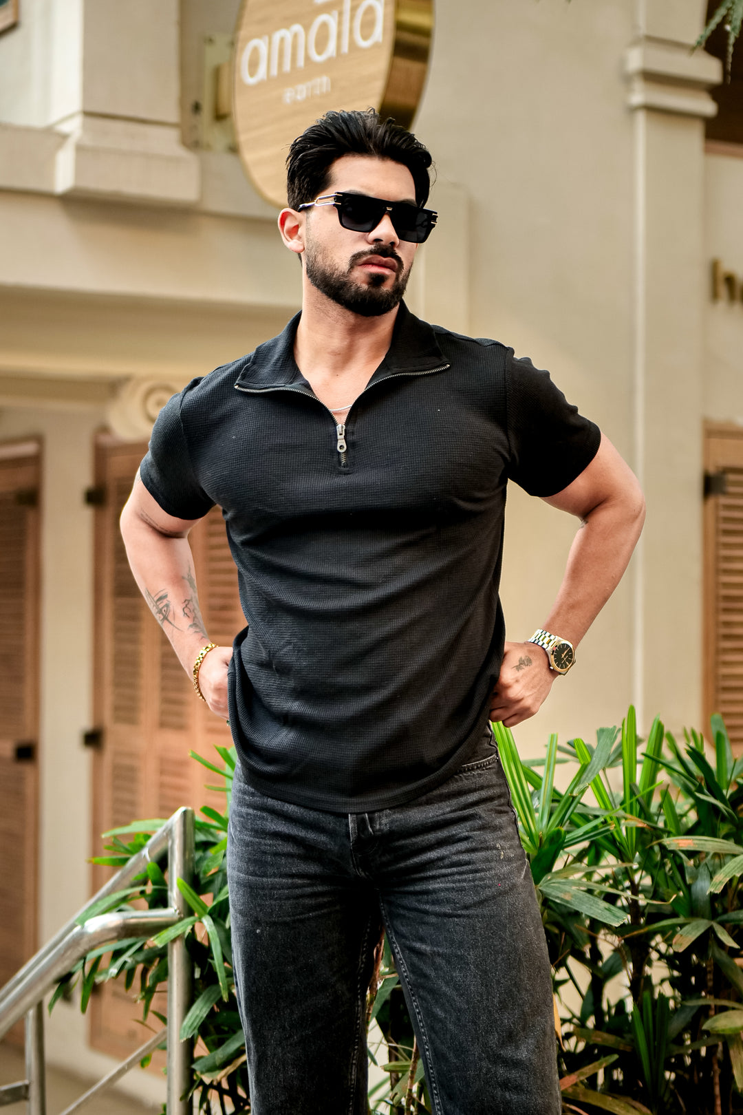 Black Waffle Half Sleeves Zipper T-Shirt