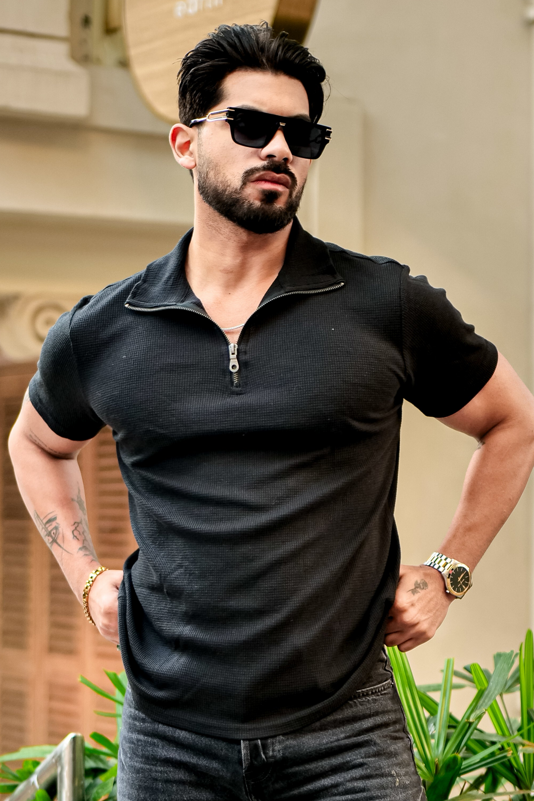 Black Waffle Half Sleeves Zipper T-Shirt