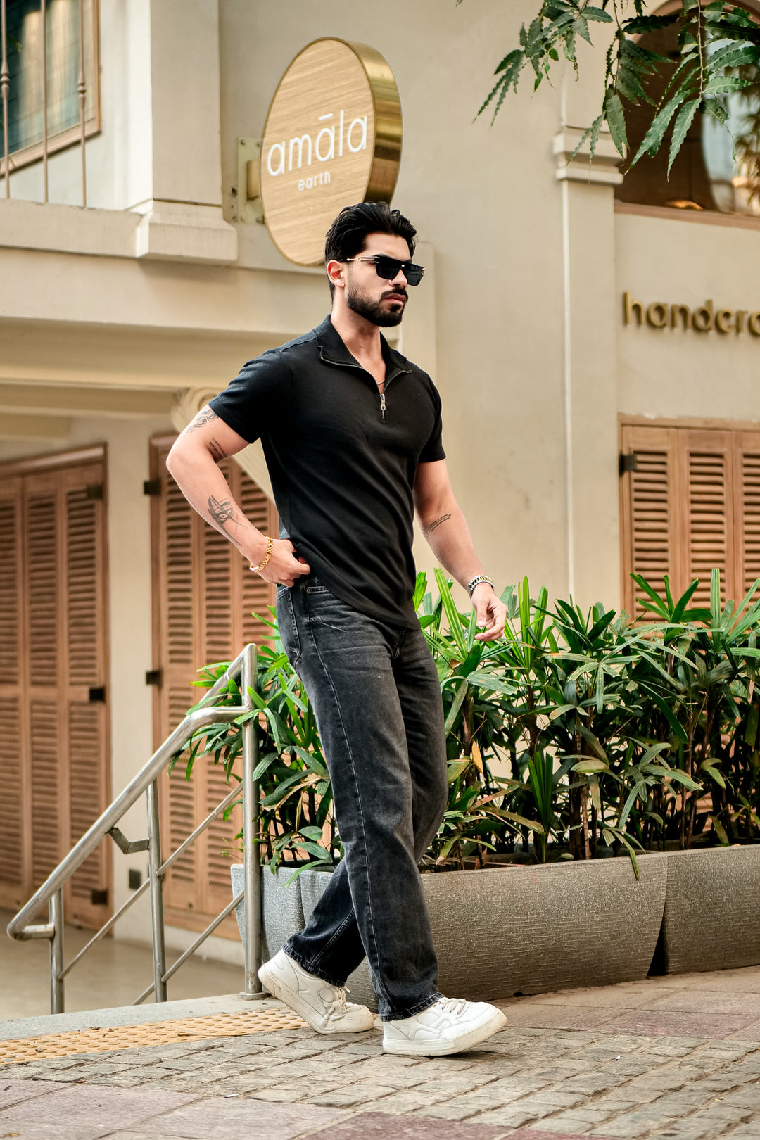 Black Waffle Half Sleeves Zipper T-Shirt