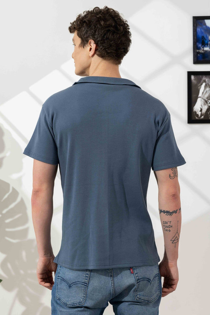 Blue Self Design Cotton Zipper T-Shirt