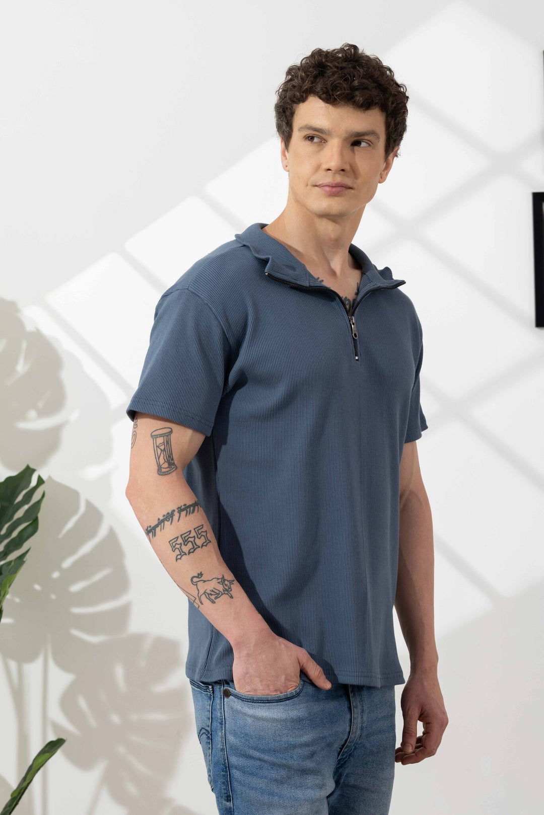 Blue Self Design Cotton Zipper T-Shirt