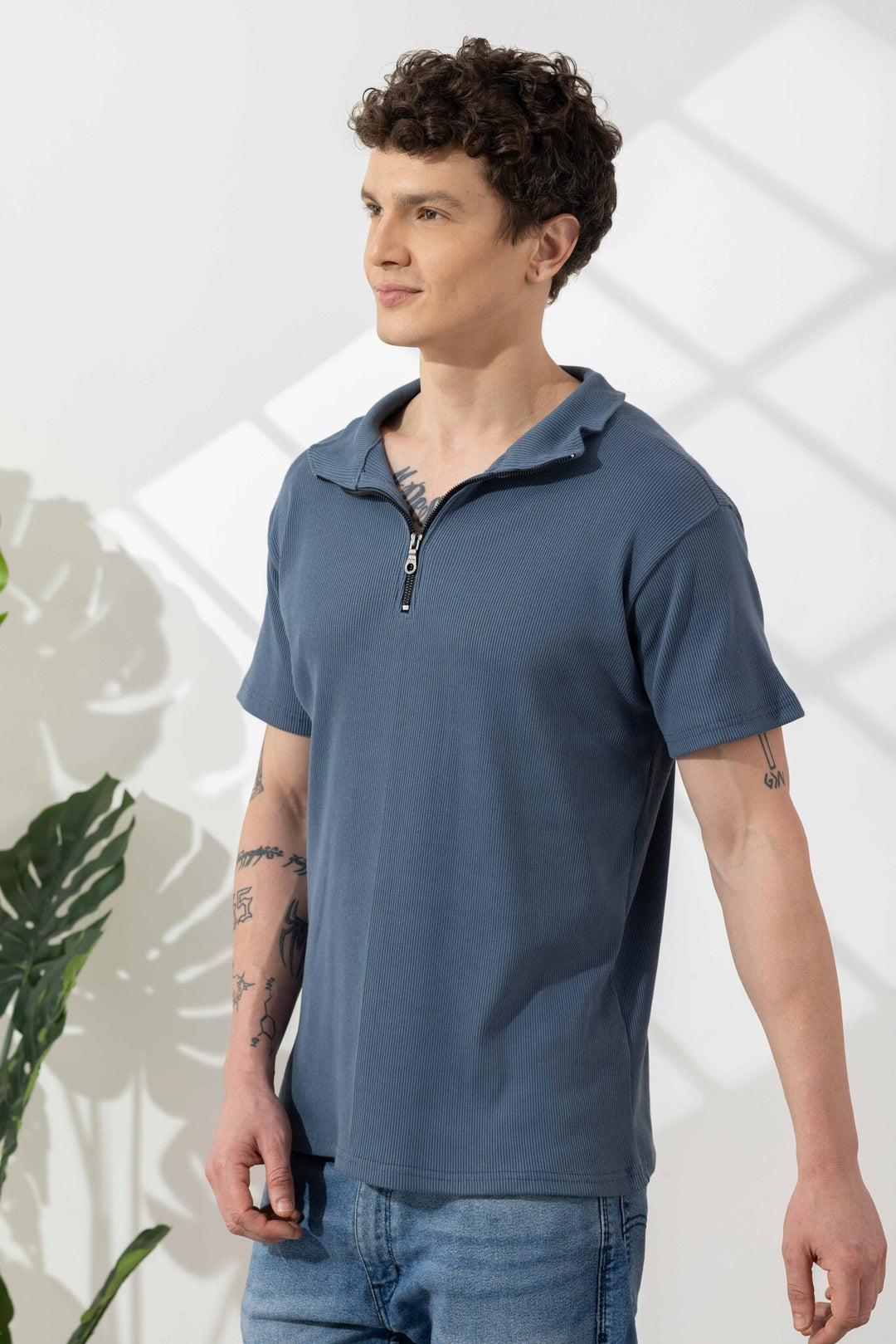 Blue Self Design Cotton Zipper T-Shirt