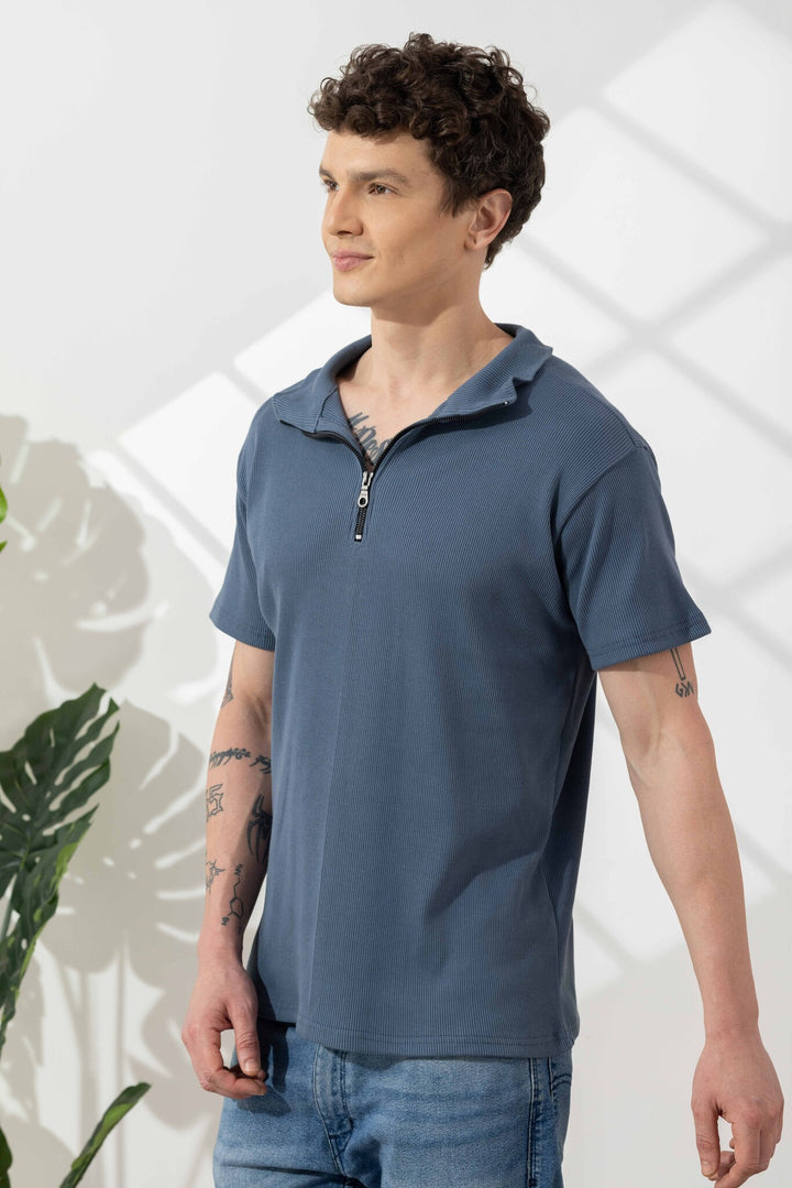 Blue Self Design Cotton Zipper T-Shirt