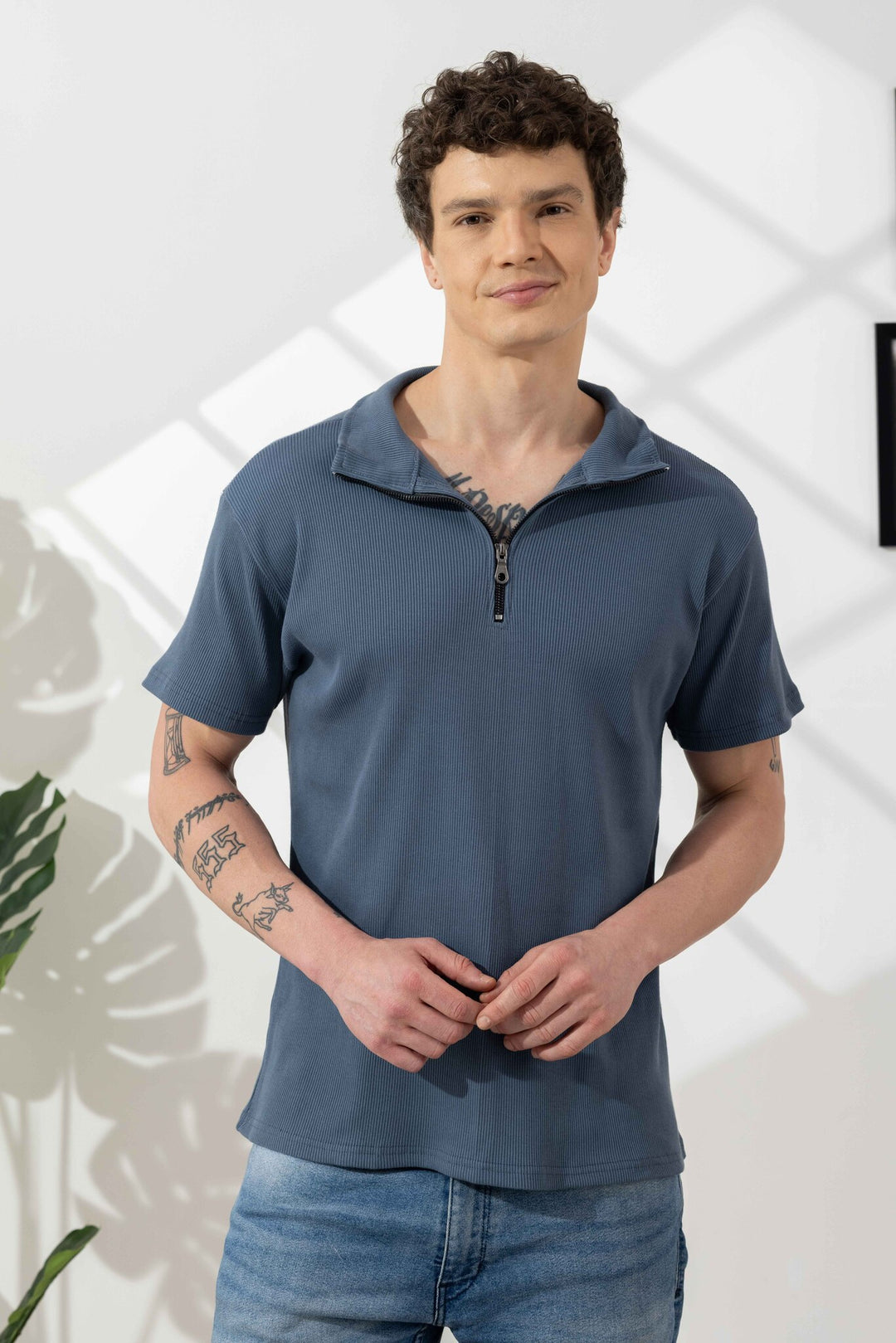 Blue Self Design Cotton Zipper T-Shirt