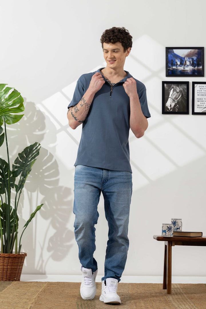 Blue Self Design Cotton Zipper T-Shirt