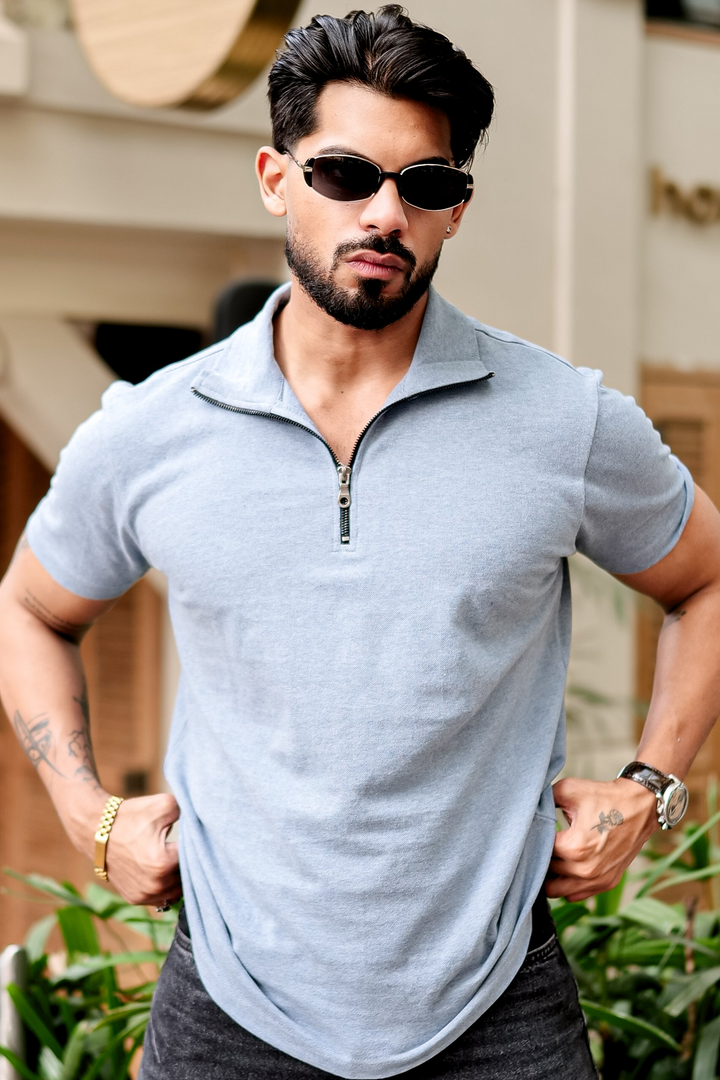 Light Blue Waffle Zipper T-Shirt