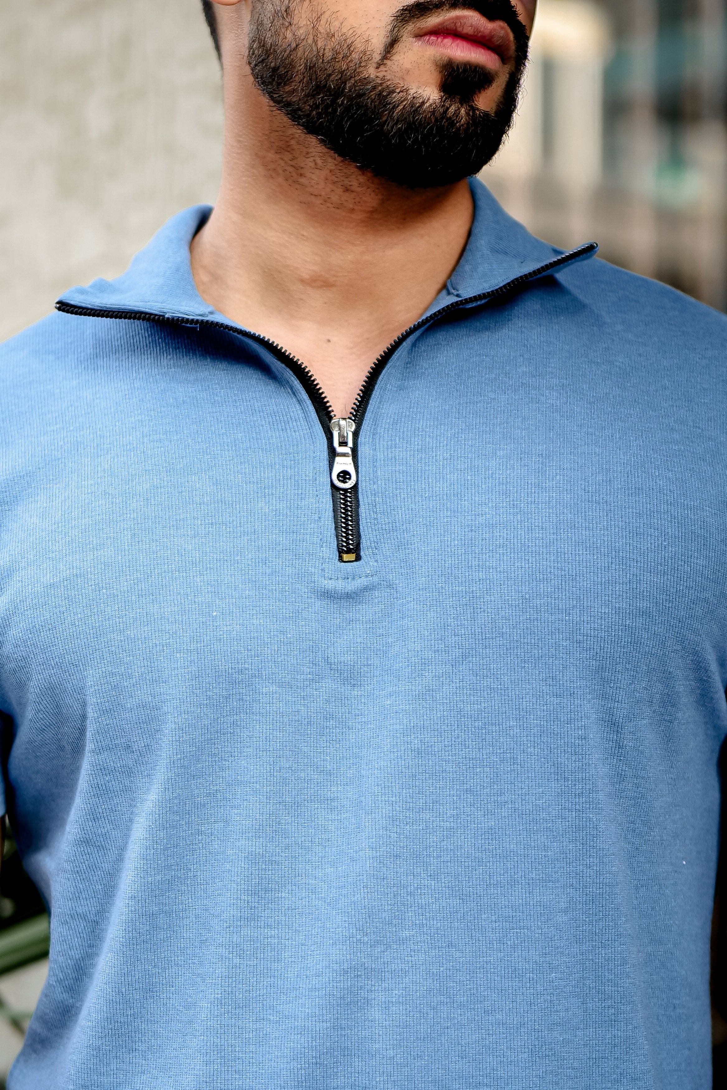 Light Blue Ribbed Zipper T-Shirt