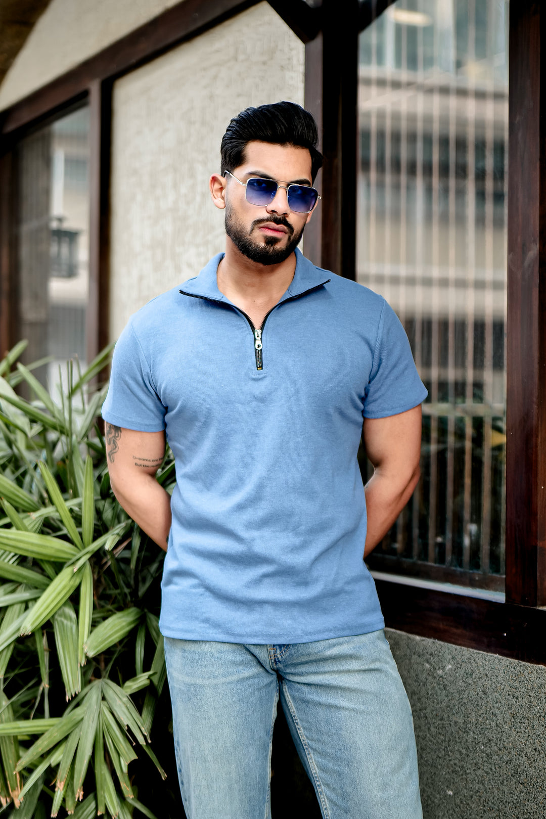 Light Blue Ribbed Zipper T-Shirt