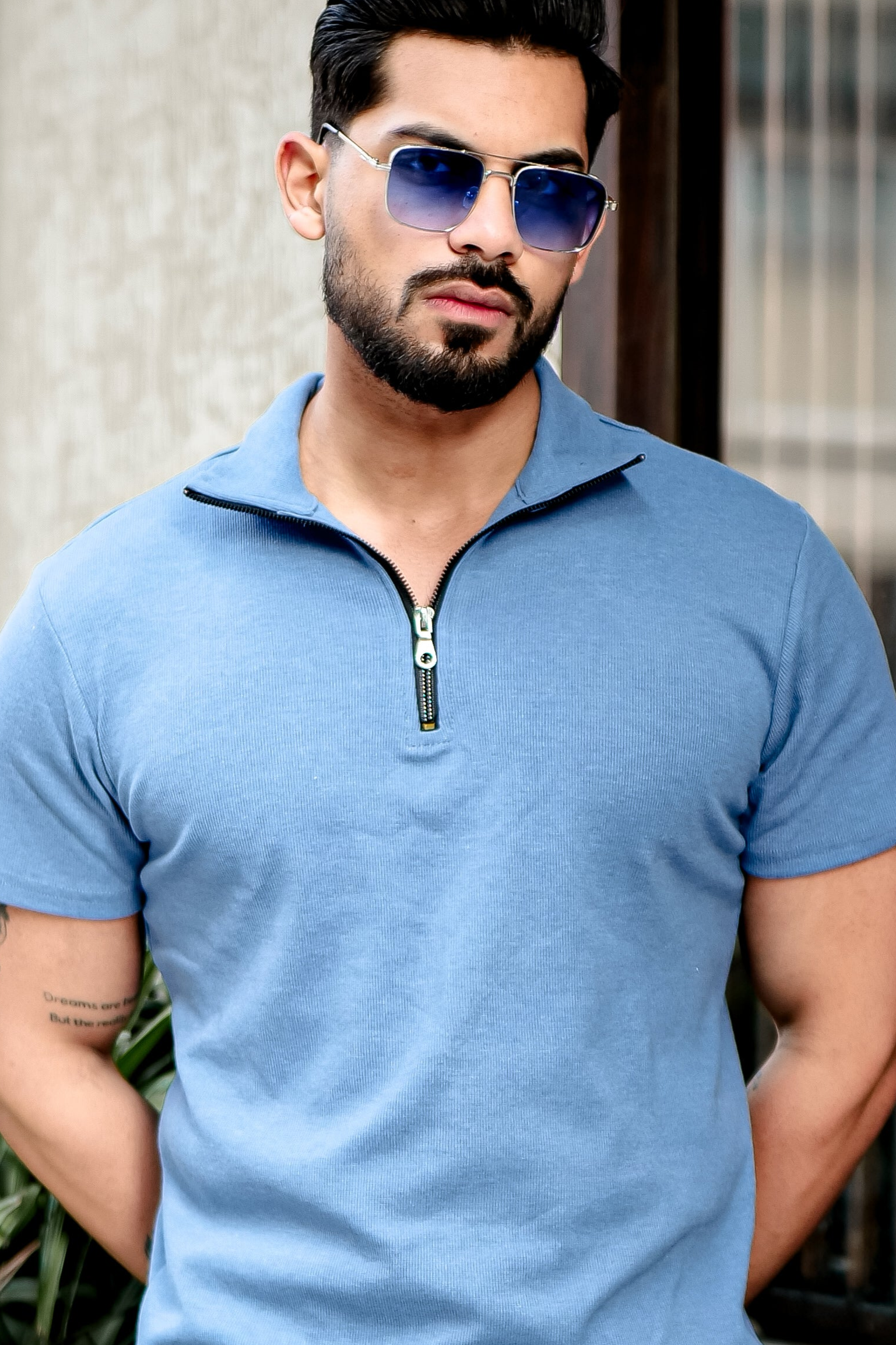 Light Blue Ribbed Zipper T-Shirt