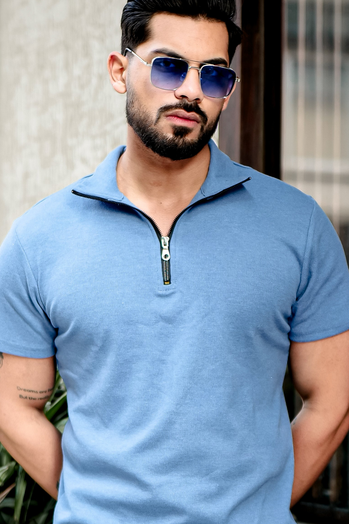 Light Blue Ribbed Zipper T-Shirt