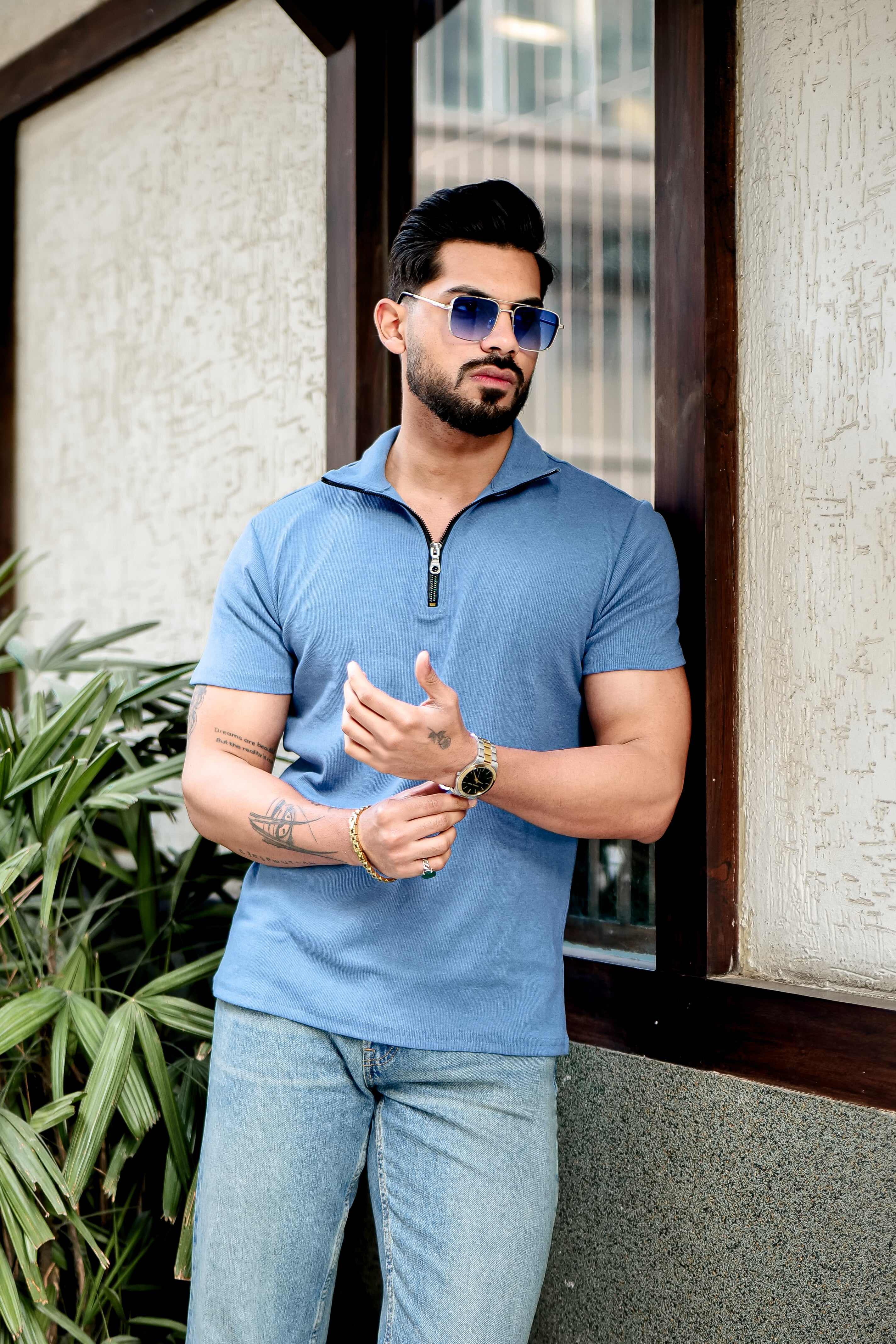 Light Blue Ribbed Zipper T-Shirt