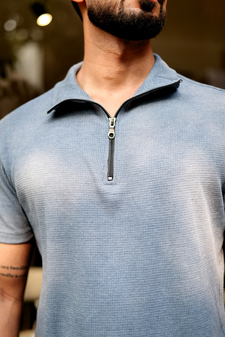 Blue Self Design Waffle Zipper T-Shirt