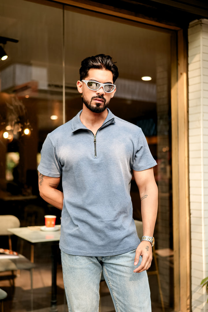 Blue Self Design Waffle Zipper T-Shirt
