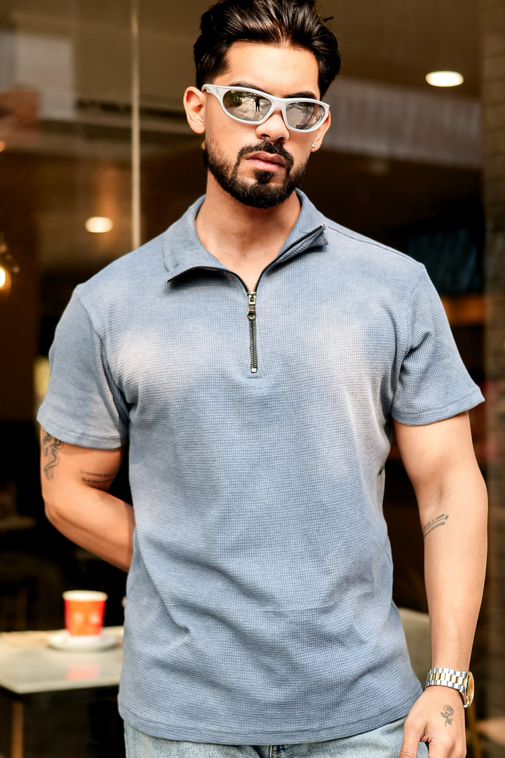 Blue Self Design Waffle Zipper T-Shirt