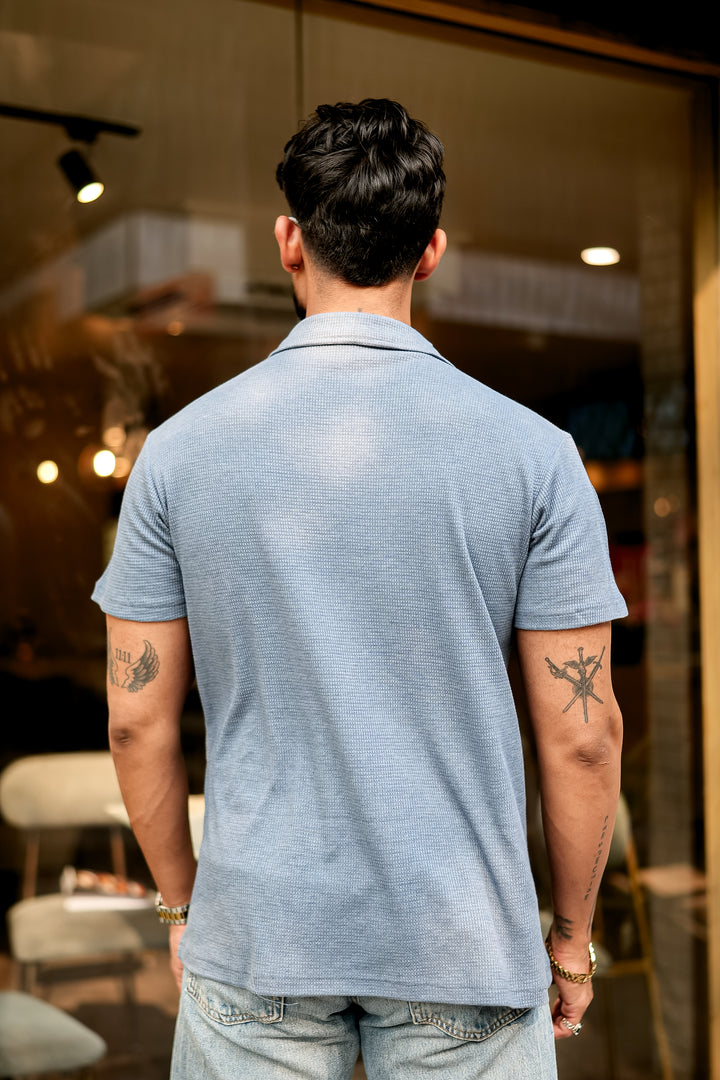 Blue Self Design Waffle Zipper T-Shirt