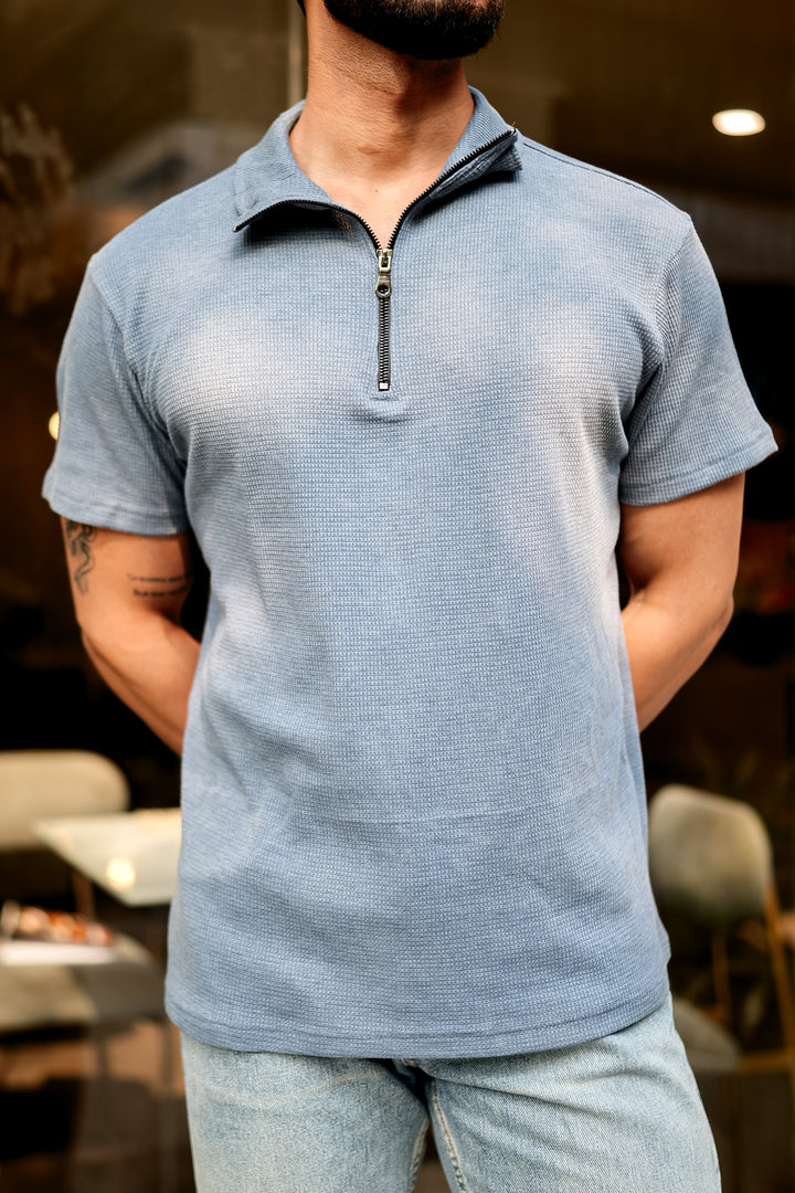 Blue Self Design Waffle Zipper T-Shirt