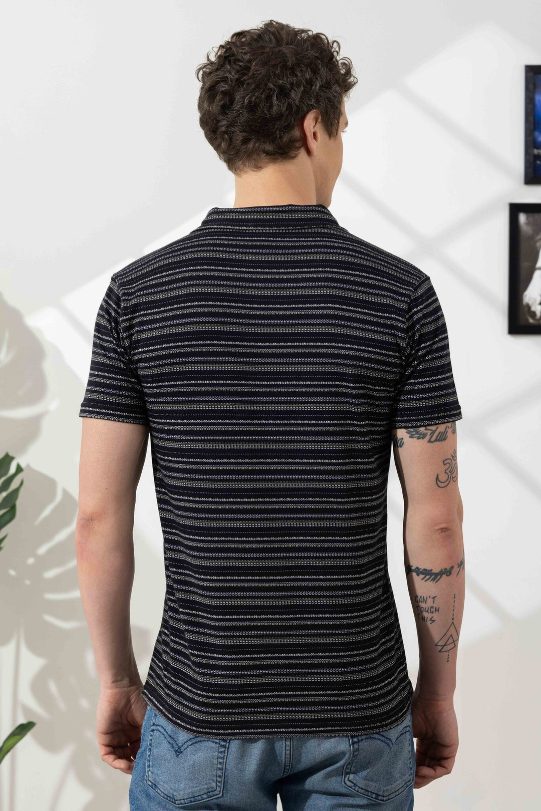 Black Self Design Cotton Zipper T-Shirt