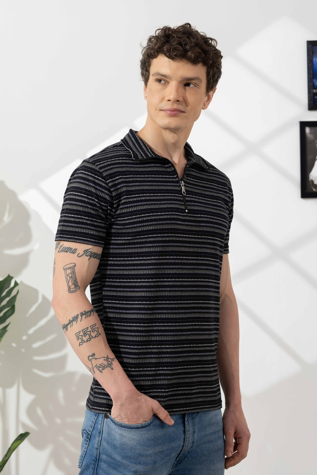 Black Self Design Cotton Zipper T-Shirt