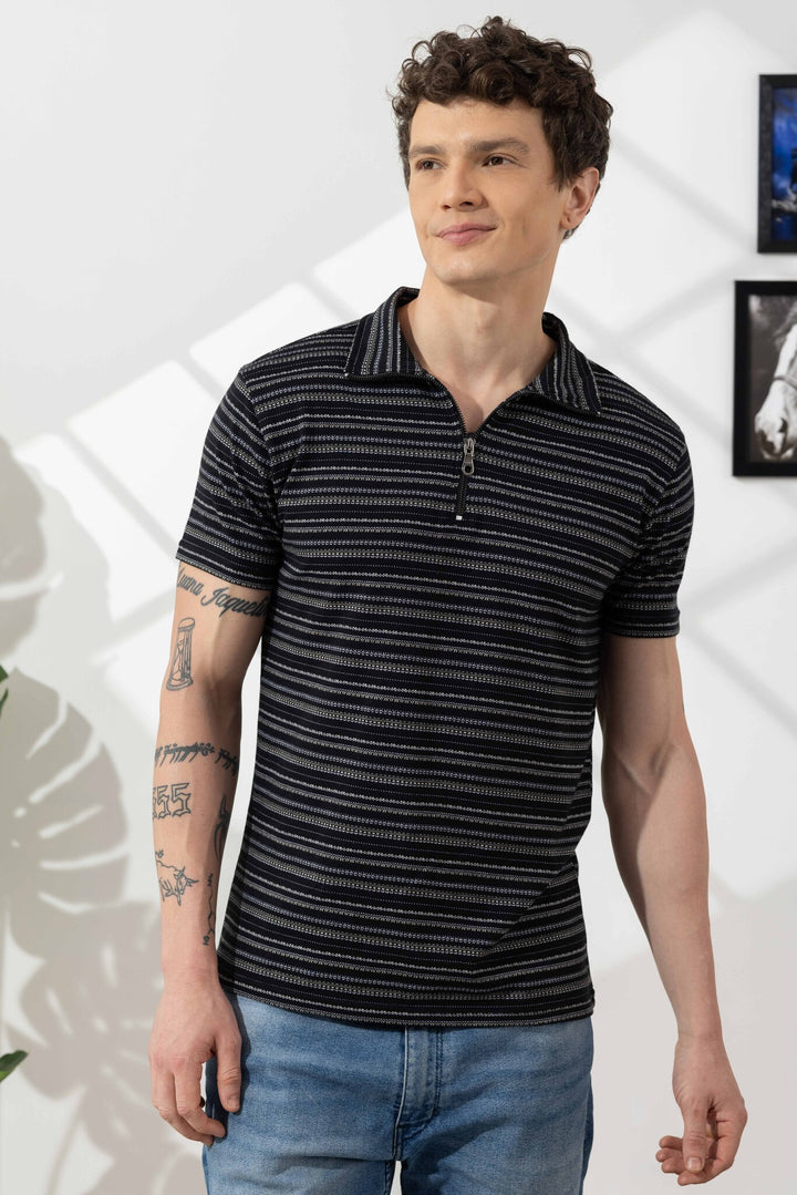 Black Self Design Cotton Zipper T-Shirt