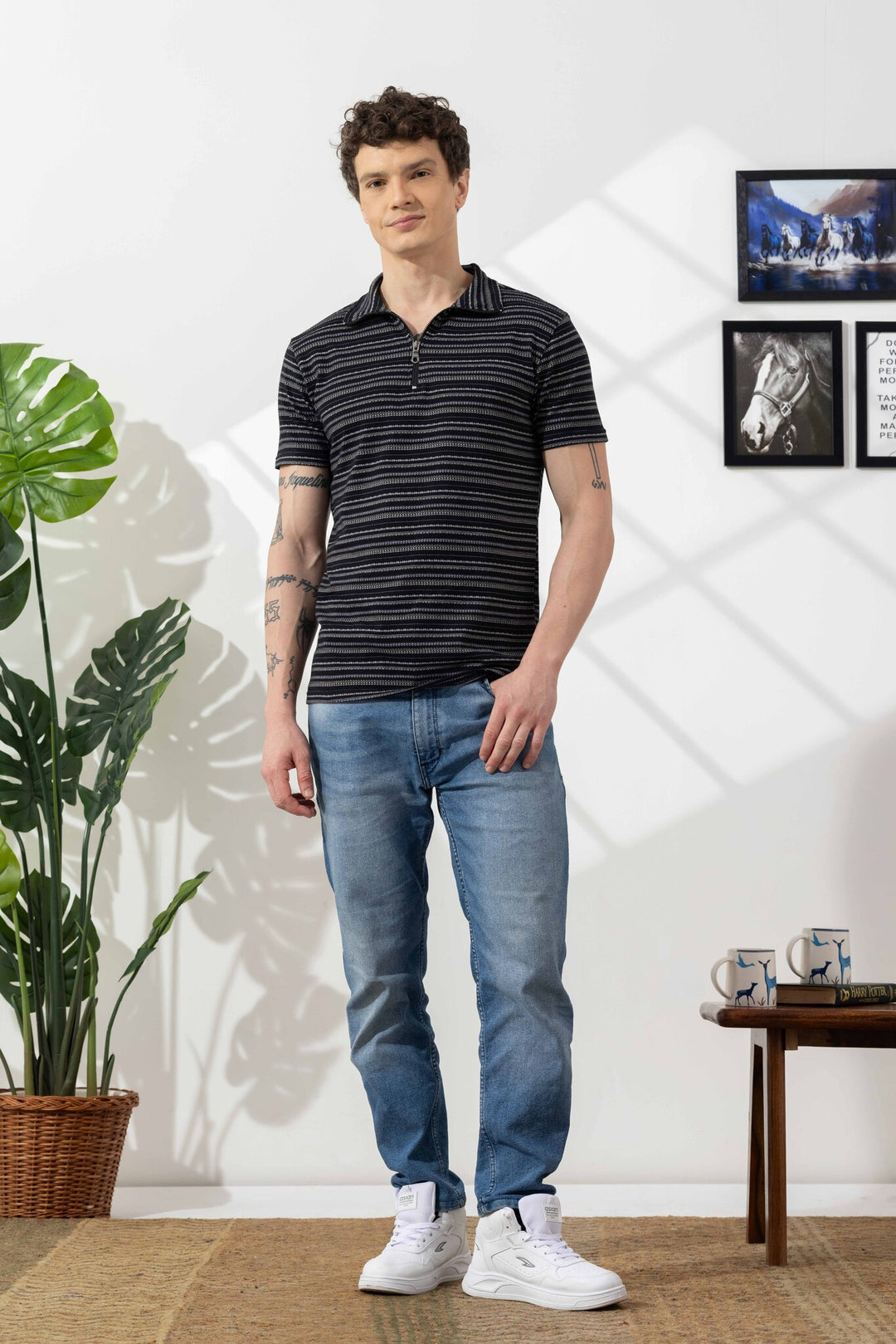 Black Self Design Cotton Zipper T-Shirt