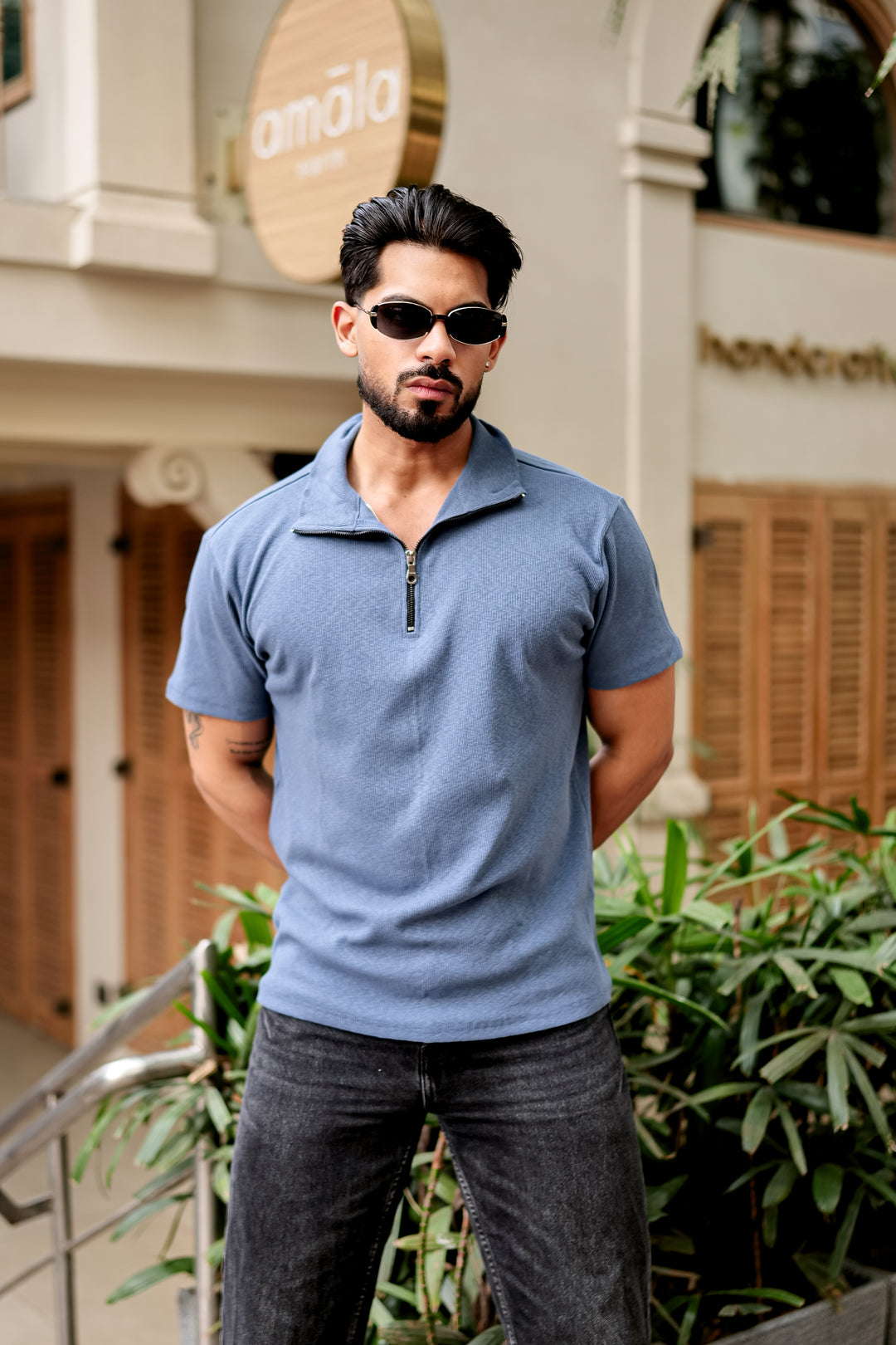 Blue Waffle Zipper T-Shirt