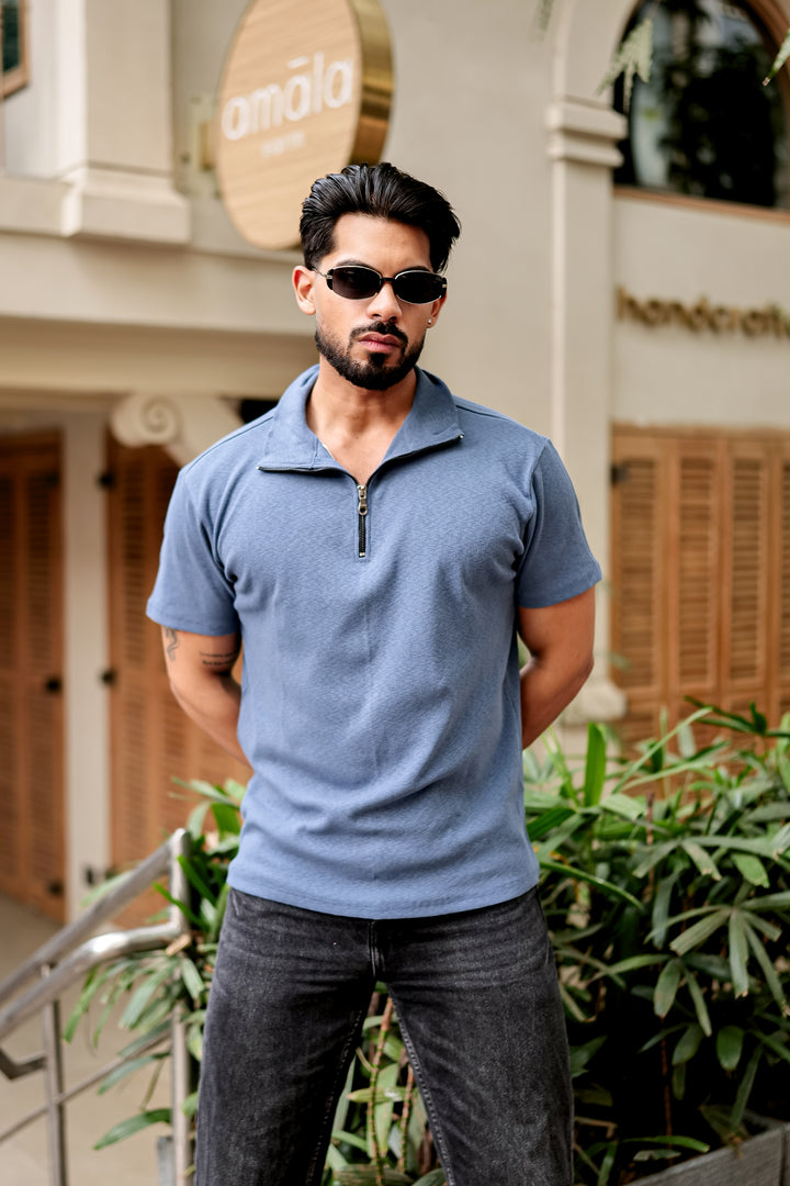 Blue Waffle Zipper T-Shirt
