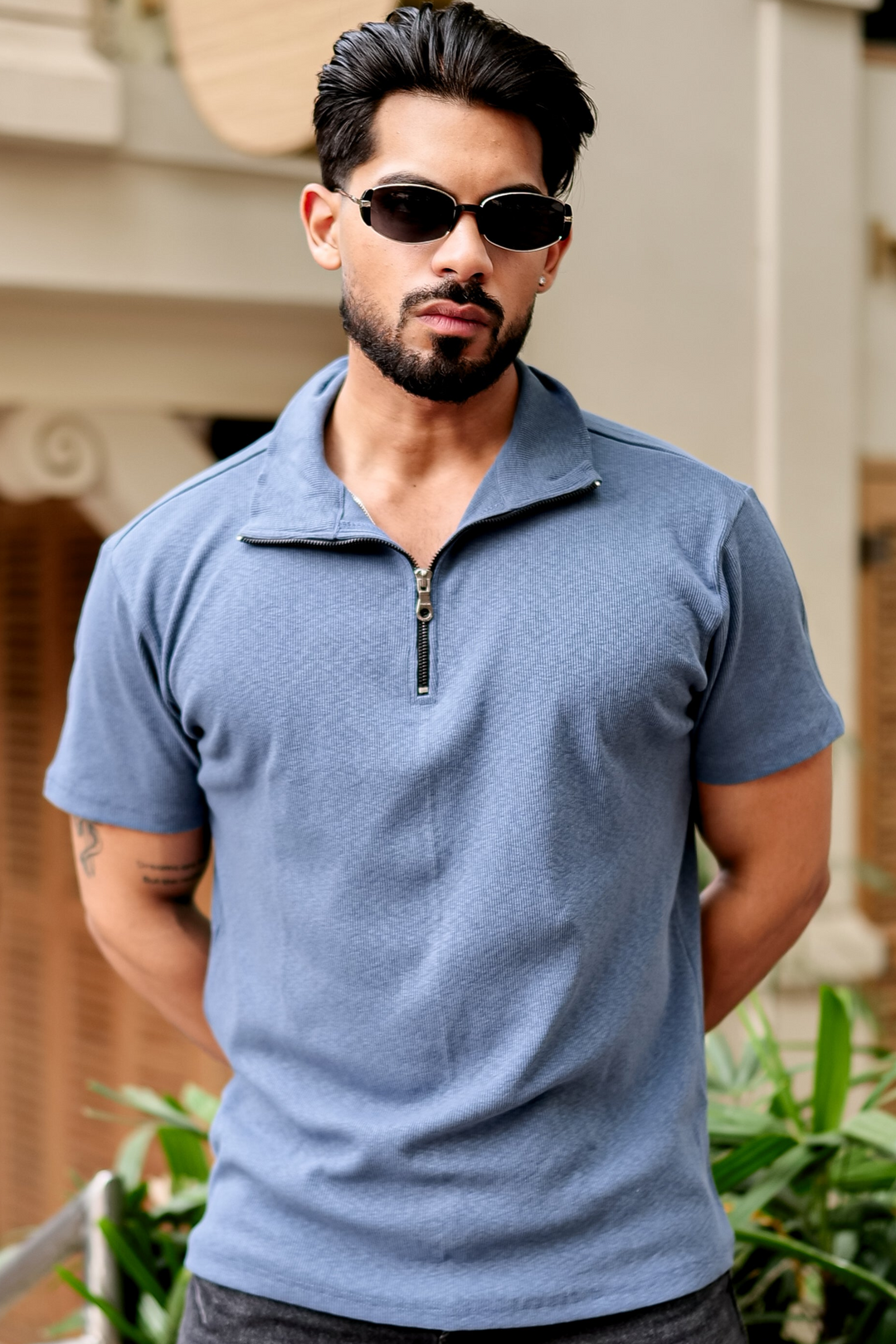 Blue Waffle Zipper T-Shirt