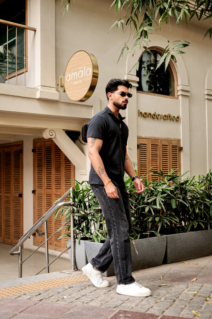 Dark Grey Waffle Knit Zipper T-Shirt
