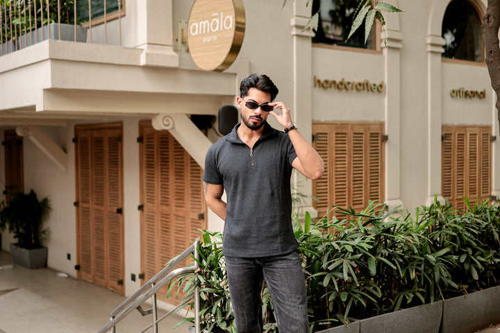 Dark Grey Waffle Knit Zipper T-Shirt