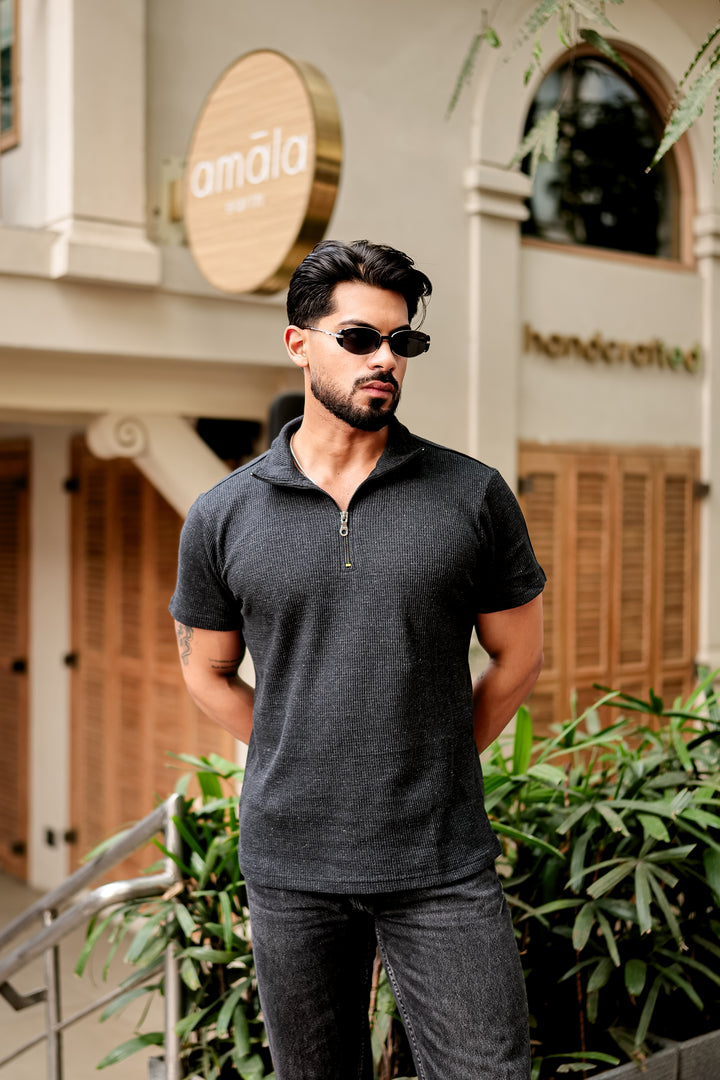 Dark Grey Waffle Knit Zipper T-Shirt
