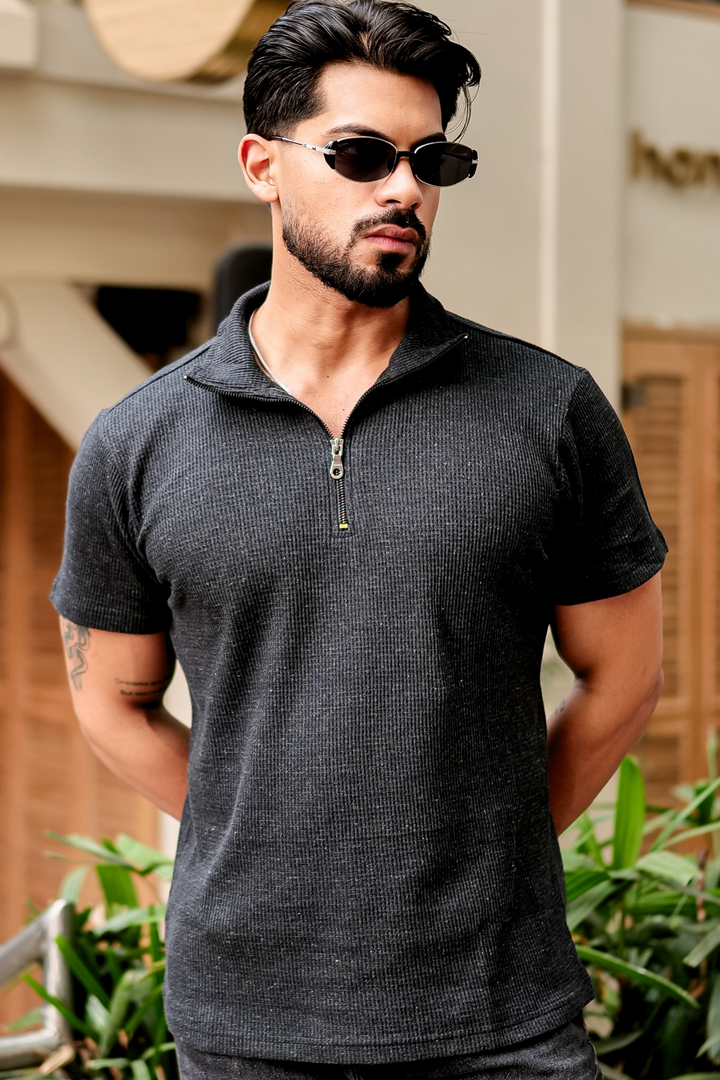 Dark Grey Waffle Knit Zipper T-Shirt