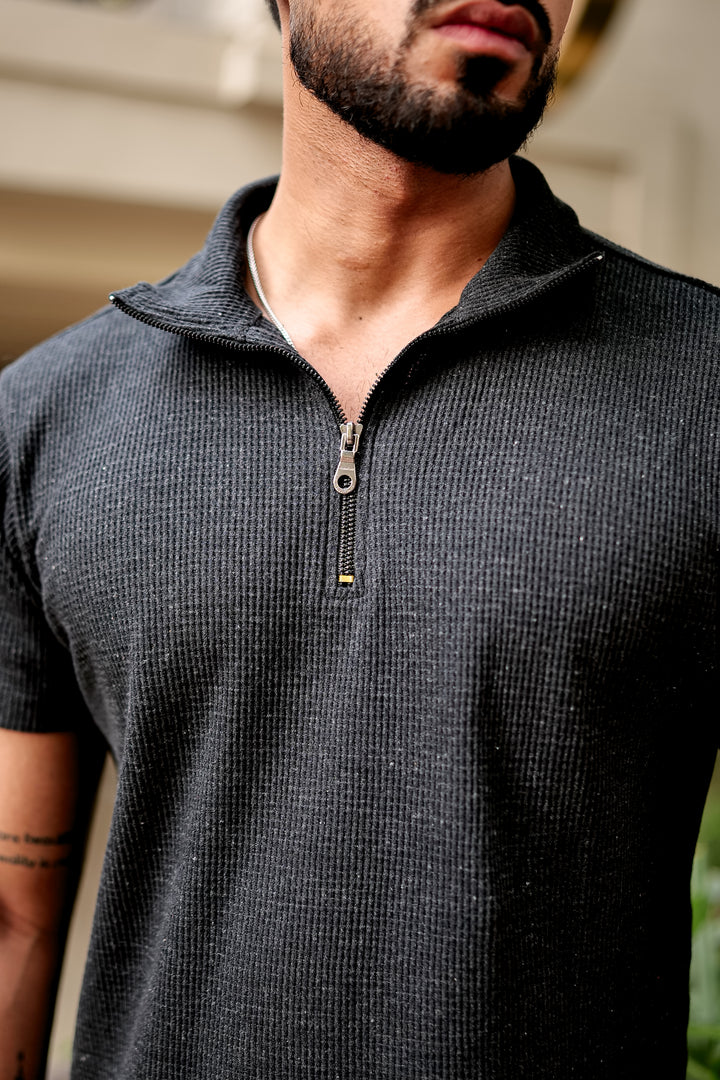 Dark Grey Waffle Knit Zipper T-Shirt