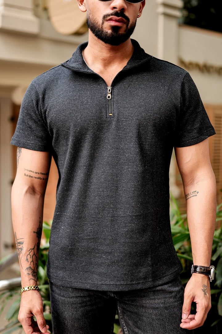 Dark Grey Waffle Knit Zipper T-Shirt