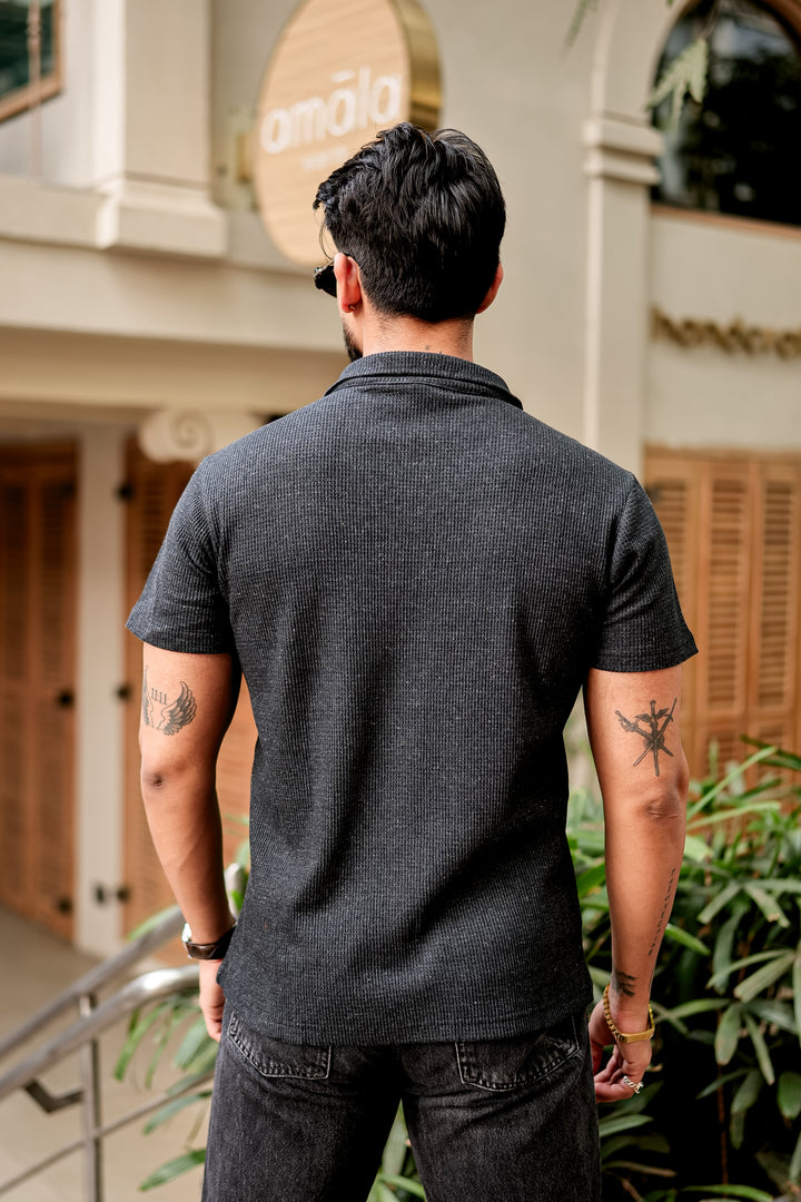 Dark Grey Waffle Knit Zipper T-Shirt