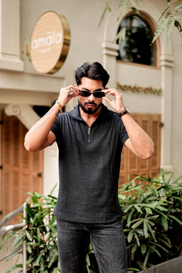 Dark Grey Waffle Knit Zipper T-Shirt