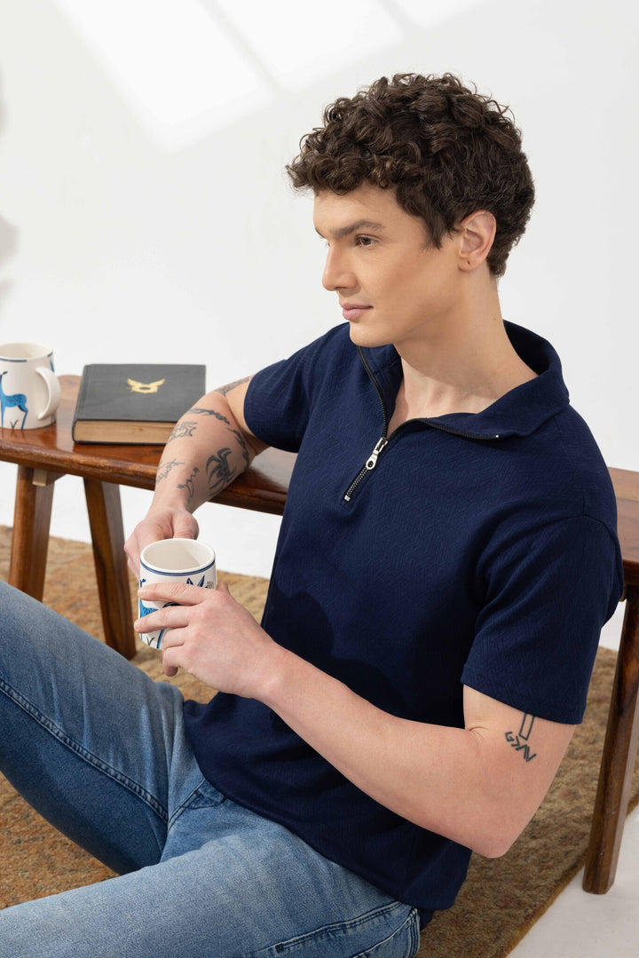Navy Blue Self Design Cotton Zipper T-Shirt