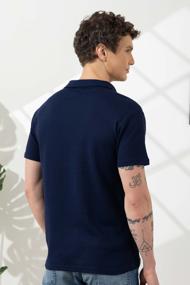 Navy Blue Self Design Cotton Zipper T-Shirt