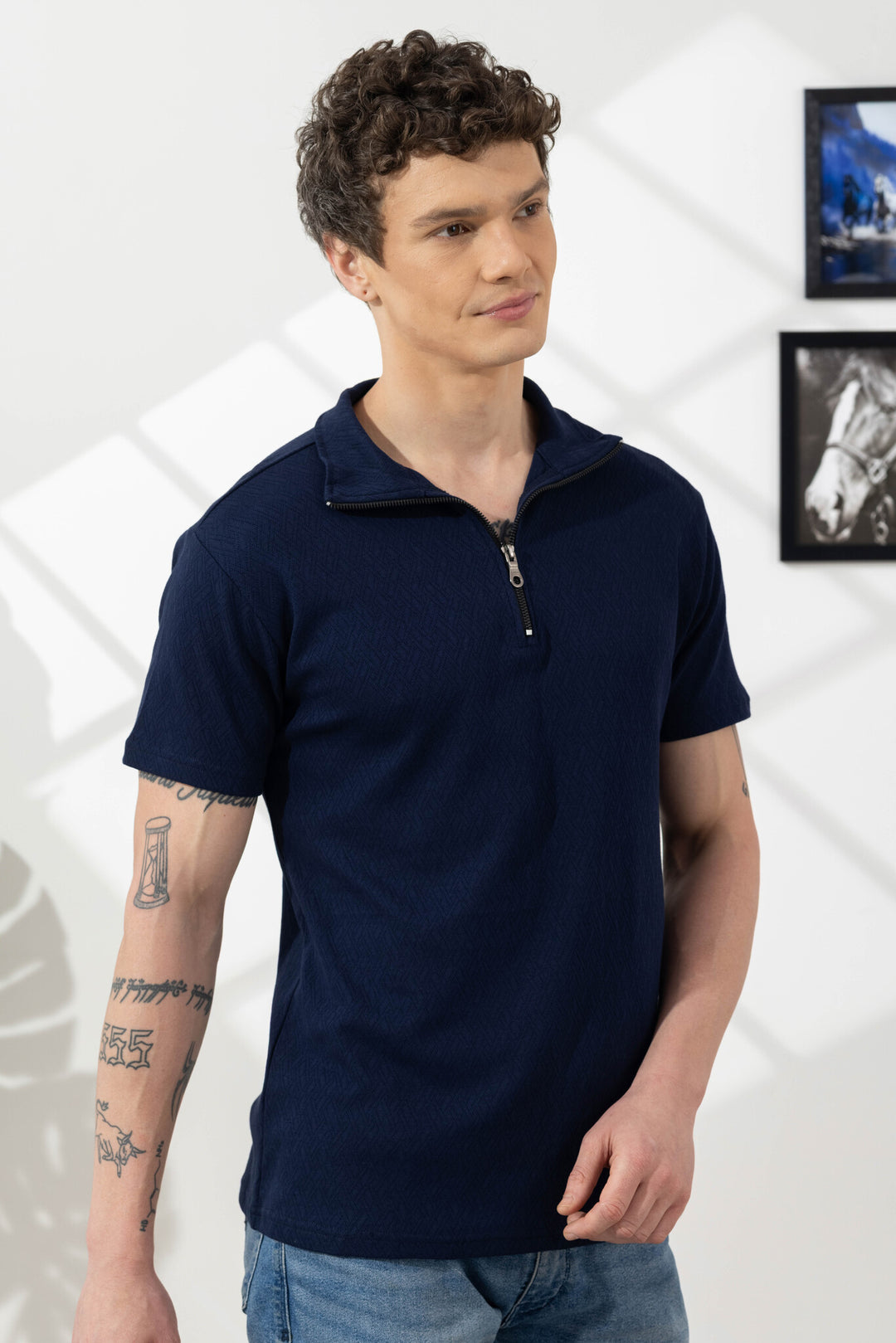 Navy Blue Self Design Cotton Zipper T-Shirt