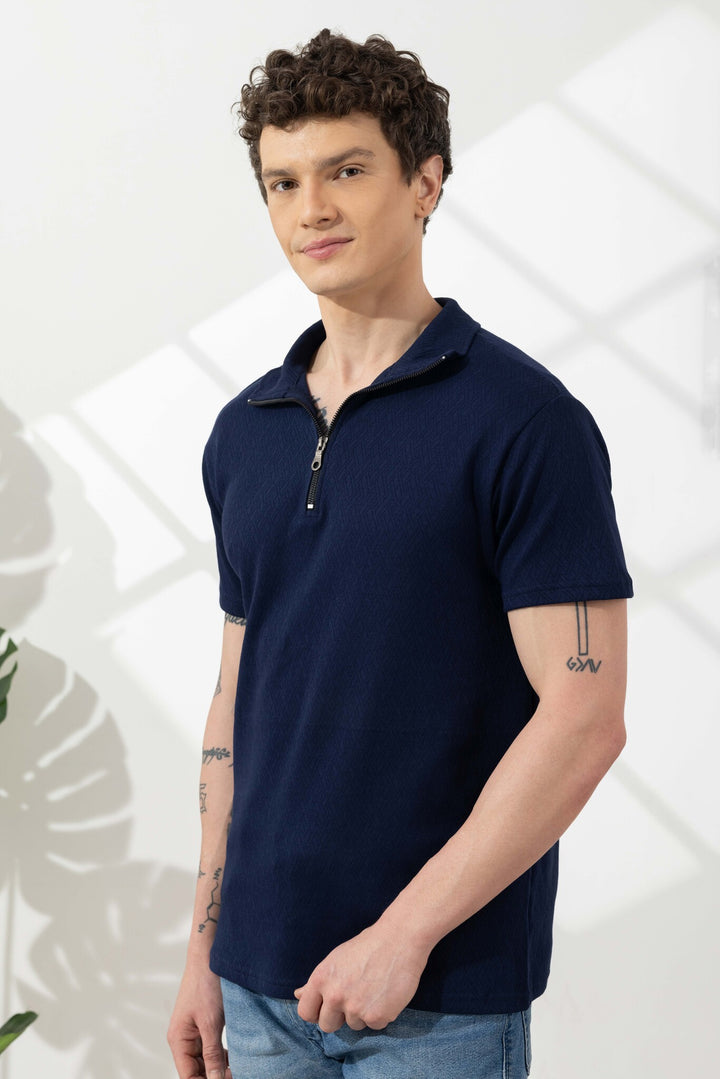 Navy Blue Self Design Cotton Zipper T-Shirt