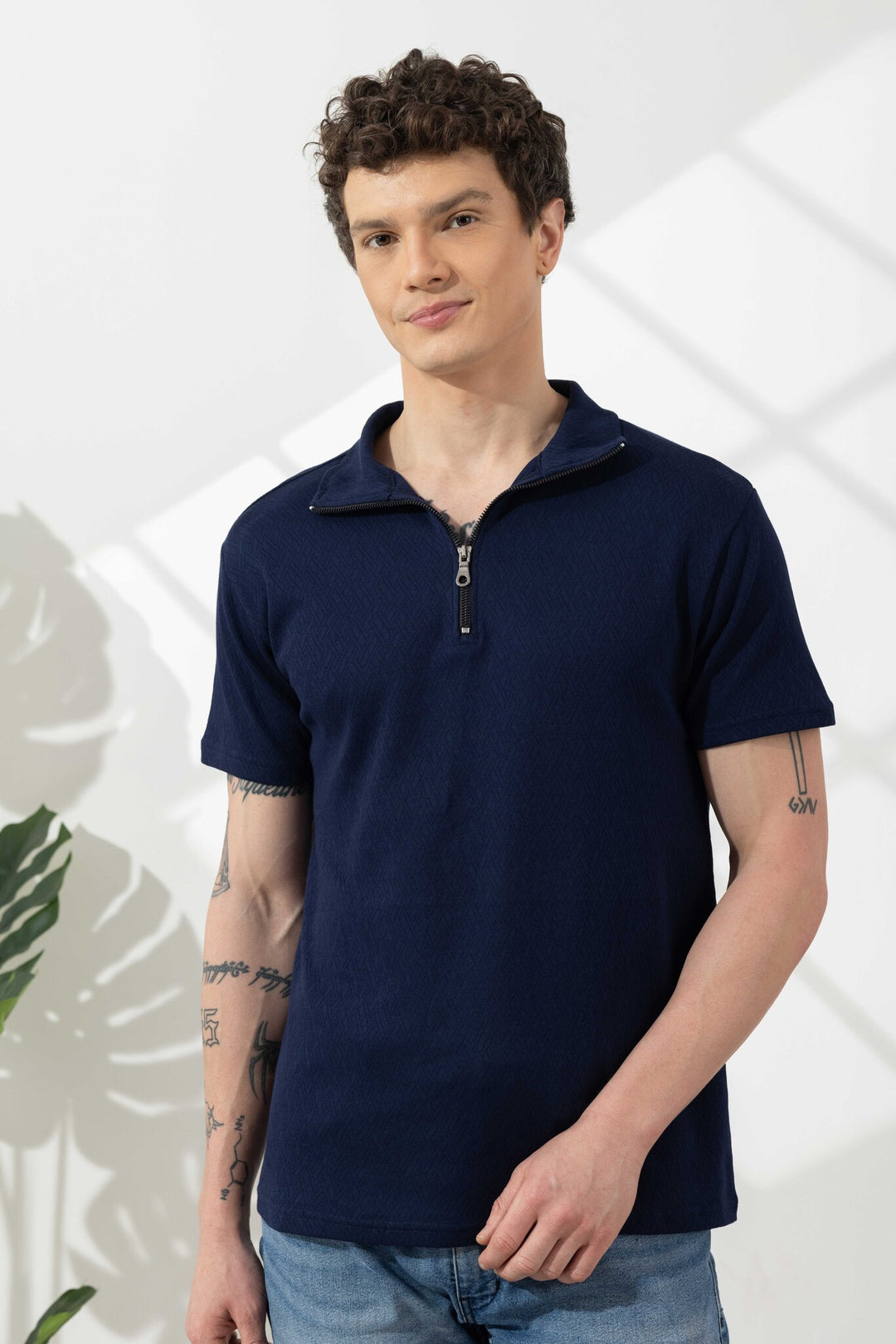 Navy Blue Self Design Cotton Zipper T-Shirt