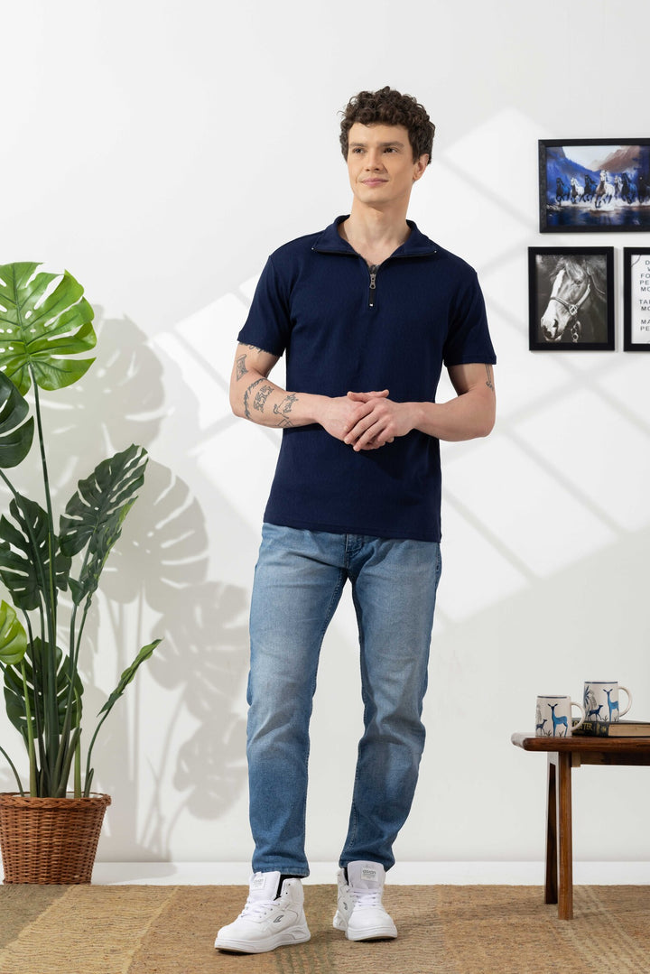 Navy Blue Self Design Cotton Zipper T-Shirt