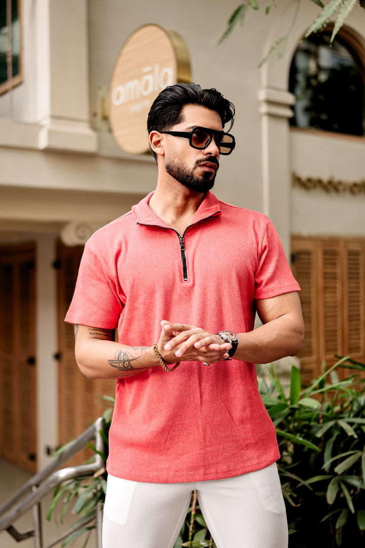 Dark Pink Self Design Zipper T-Shirt