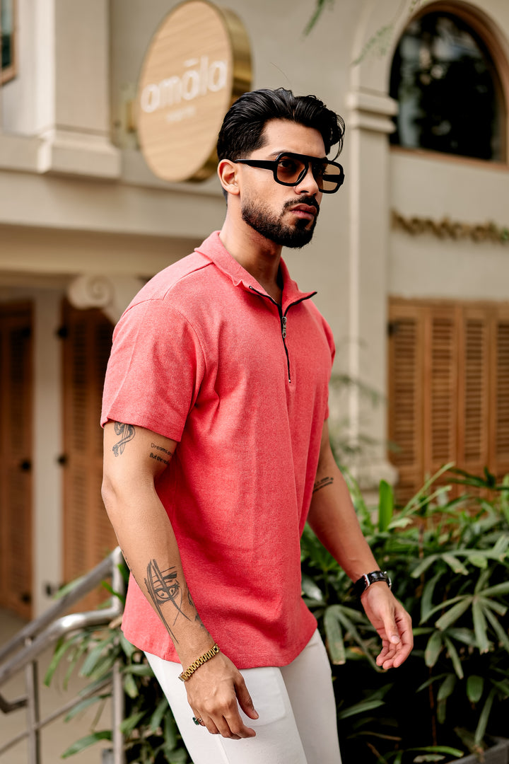 Dark Pink Self Design Zipper T-Shirt